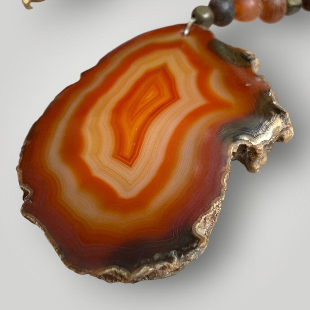 Vintage Natural Agate Slice Pendant Necklace Wood Beads 1/20 14K GF 15 inch - Picture 3 of 11